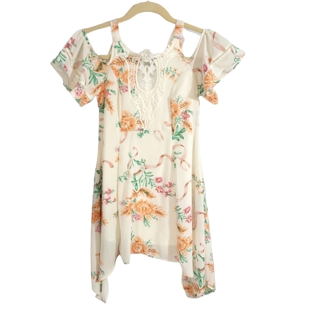 Disney Beauty & The Beast Floral Asymmetric Hem Cold Shoulder Peasant Dress